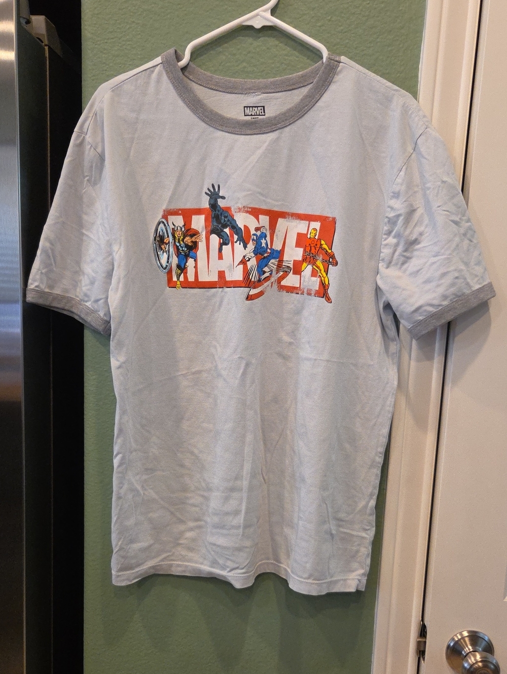 Marvel Light Blue Graphic Tee with Gray Trim